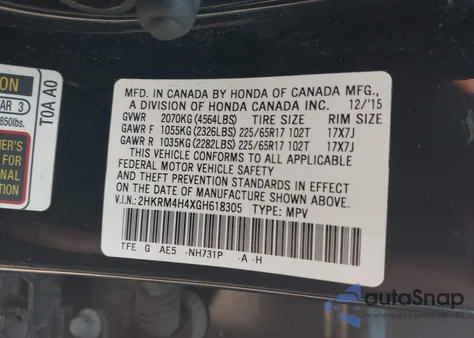 2016 Honda Cr-V Se из США, поврежденный, VIN 2HKRM4H4XGH618305